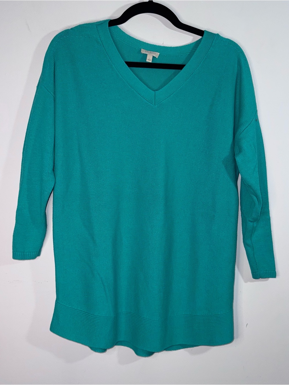 Talbots Turquoise Textured Knit Tunic Sweater Large V Neck 3/4 Sleeve Coastal